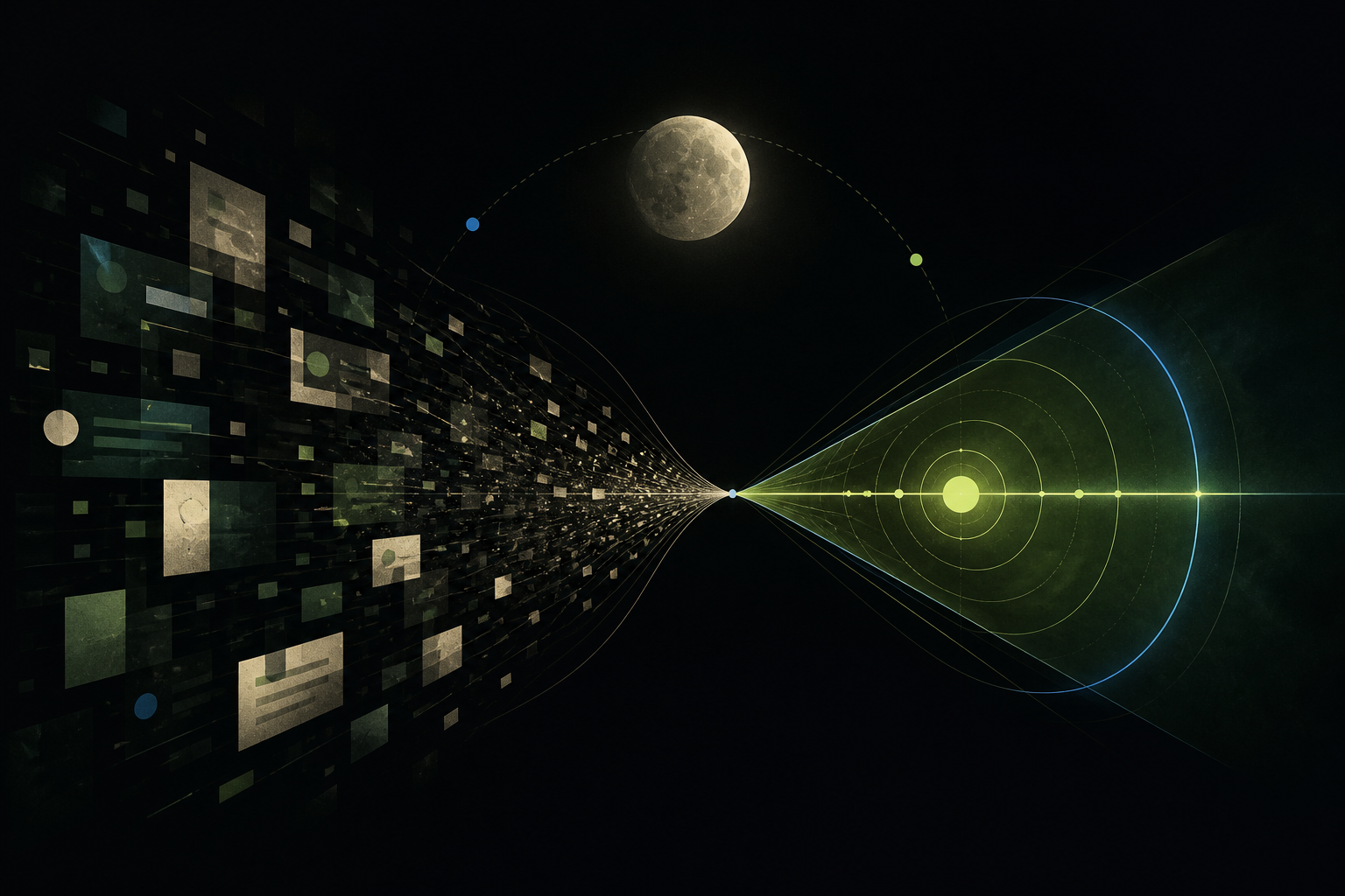 Abstract editorial graphic contrasting a fragmented social feed with a precise intent signal beneath a full moon